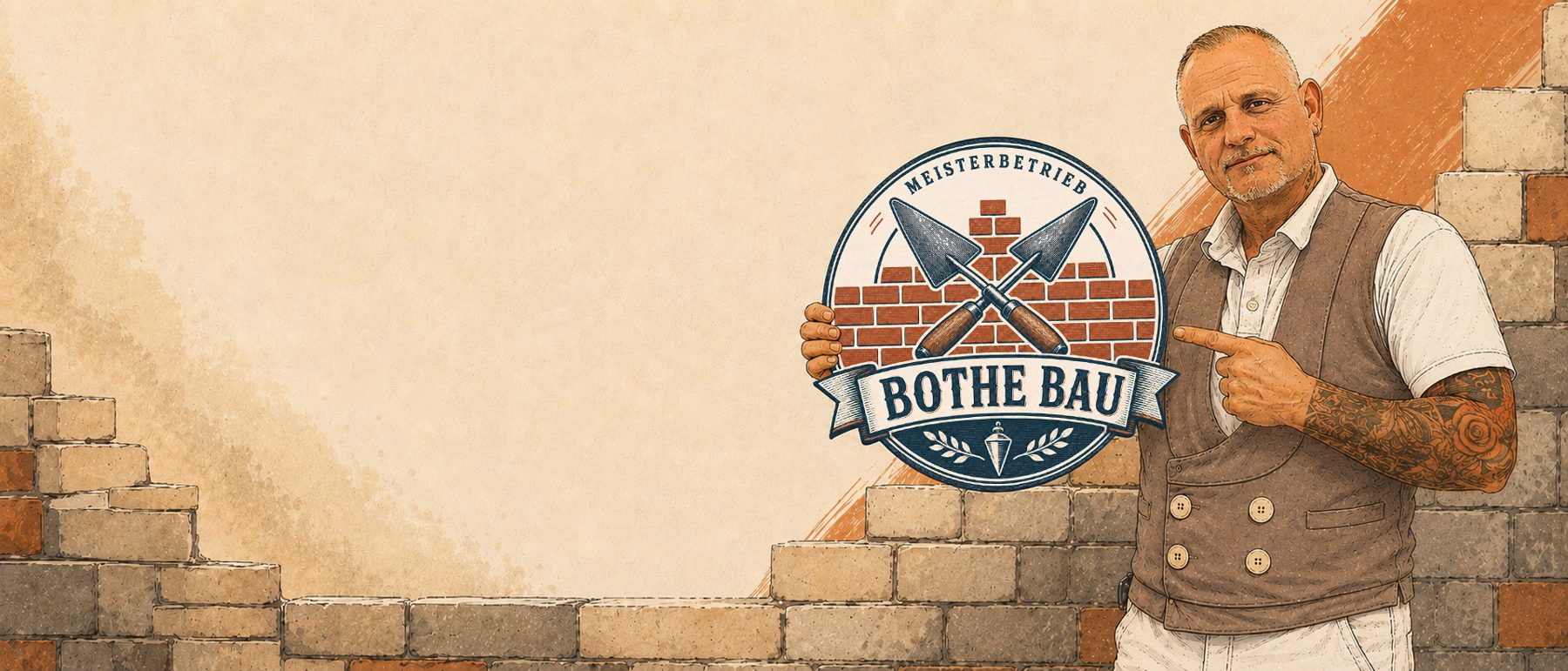 Sacha Bothe, Maurermeister bei Bothe Bau, mit Firmenemblem an einer Ziegelwand