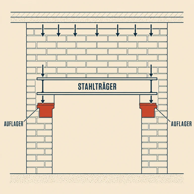 Infografik: Wanddurchbruch mit Stahlträger, der die Last der Decke über die Auflager abfängt