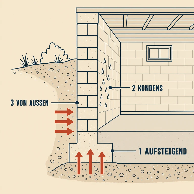 Infografik: drei Ursachen für feuchte Kellerwände – aufsteigende Feuchte, Kondenswasser und drückendes Wasser von außen