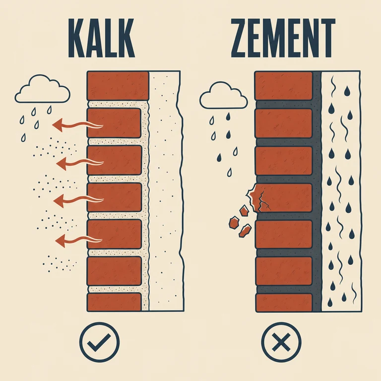 Infografik: weicher Kalkmörtel lässt die Wand atmen, harter Zementmörtel staut Feuchte und lässt Ziegel abplatzen